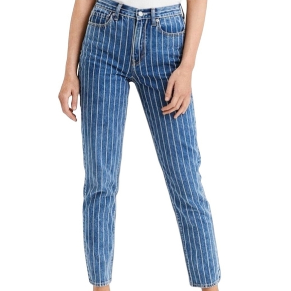 American Eagle Outfitters Blue Pin Striped High Rise Ankle Mom Jeans Size 6 Shor - Picture 1 of 9